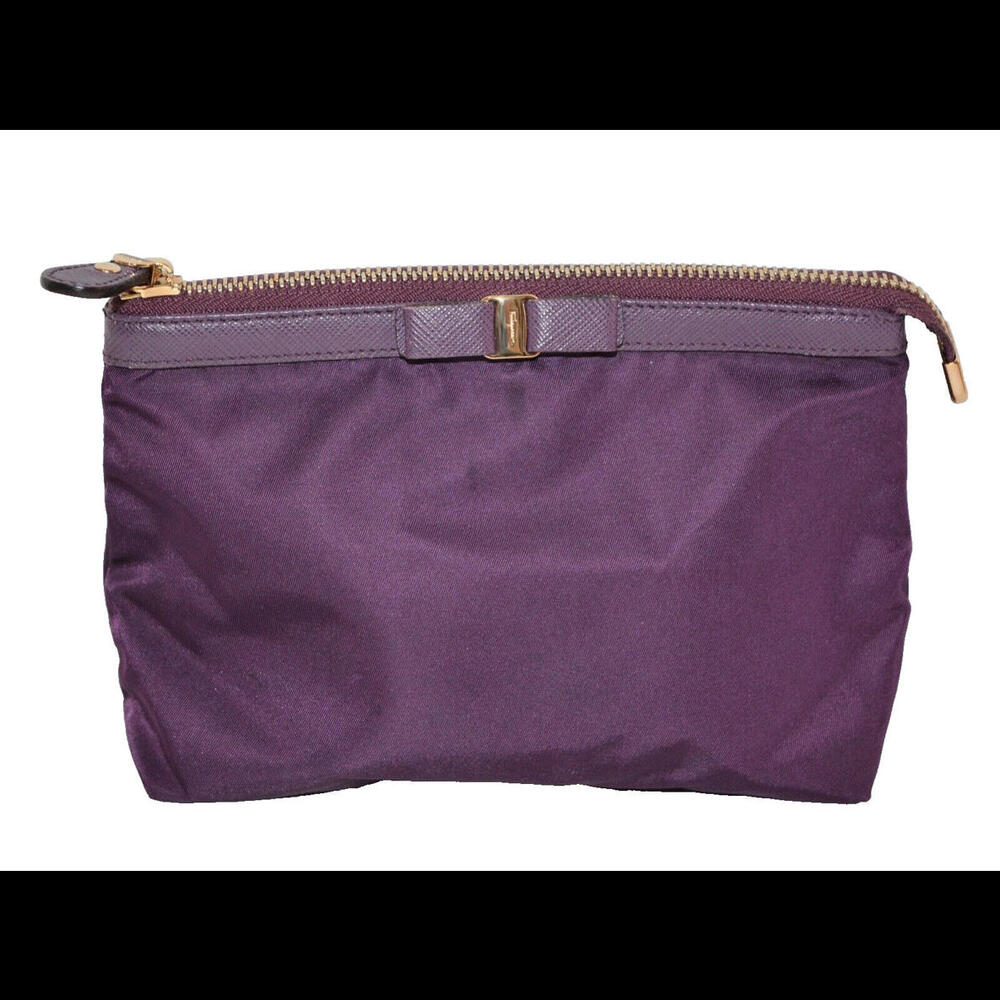 Ferragamo Pouch Vara AU22 Makeup Cosmetic Bag Purple Gold Hardware Nylon Leather